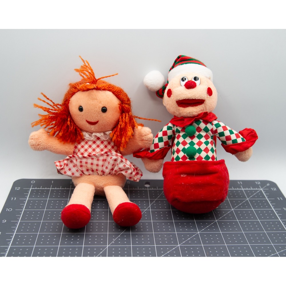 Stuffins Vintage Plush Doll Set Red Hair Girl Gingham Dress & Christmas Clown